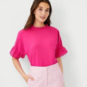 Ann Taylor Mixed Media Eyelet Ruffle Trim Top Pink flare XS